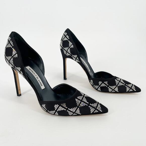 Manolo Blahnik Black Crystal Embellished Satin Pointed Toe D’Orsay Pump IT 38 - Picture 1 of 11